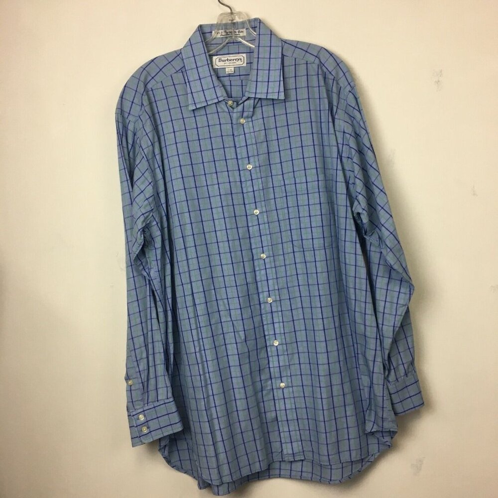 Burberrys of London Mens Blue Plaid 100's 2 Ply Cotton Button Up - Size 17 - 34